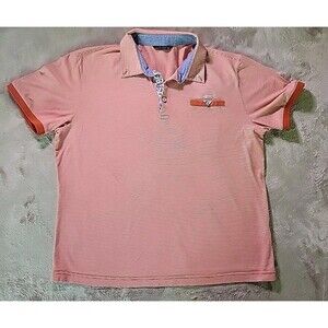 Louis Castel  105 Shirt Men Medium Orange / White Striped Polo Golf Short Sleeve